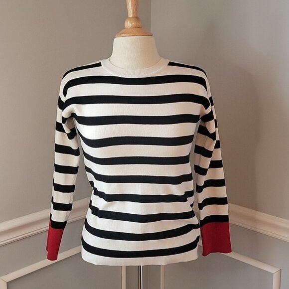 MESH + LACE Black Cream Striped Contrast Red Cuff Crewneck Knit Boho Sweater XS - Picture 1 of 9